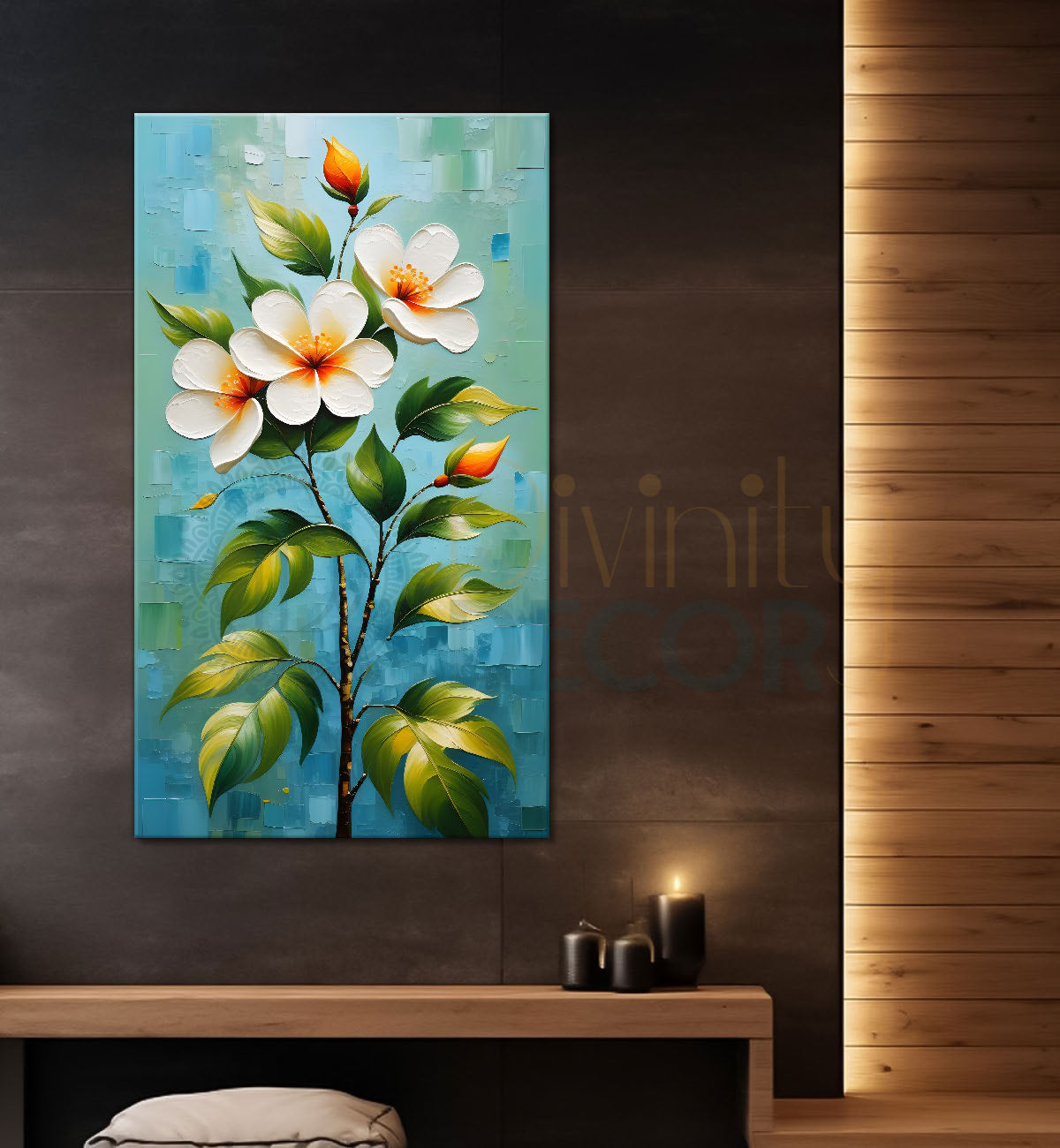 White flowers in blue textured background painting- Flower-V-176