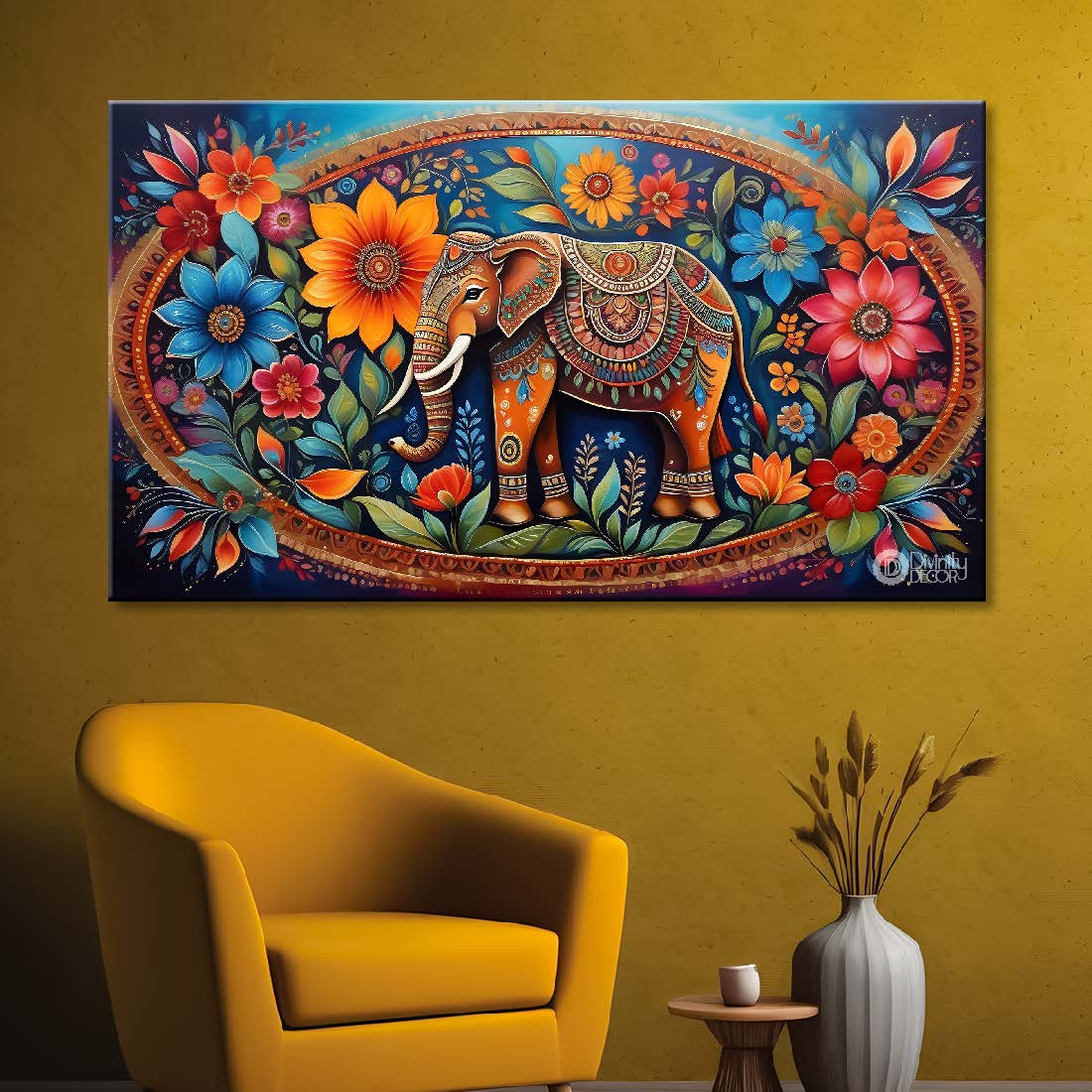Elephant with colorful flowers in textured background art. - Design - Animal - 177
