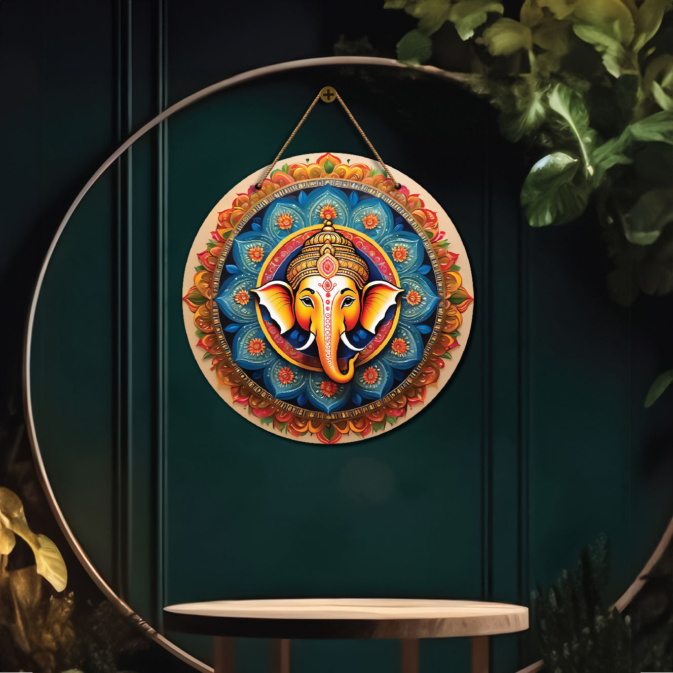 Ganesh Ji in blue and brown mandala Round Wooden Wall Hanging for wall Décor - Design - 177