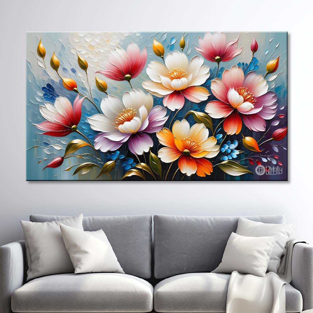 Colorful flowers with blue background- Design - Flower-178