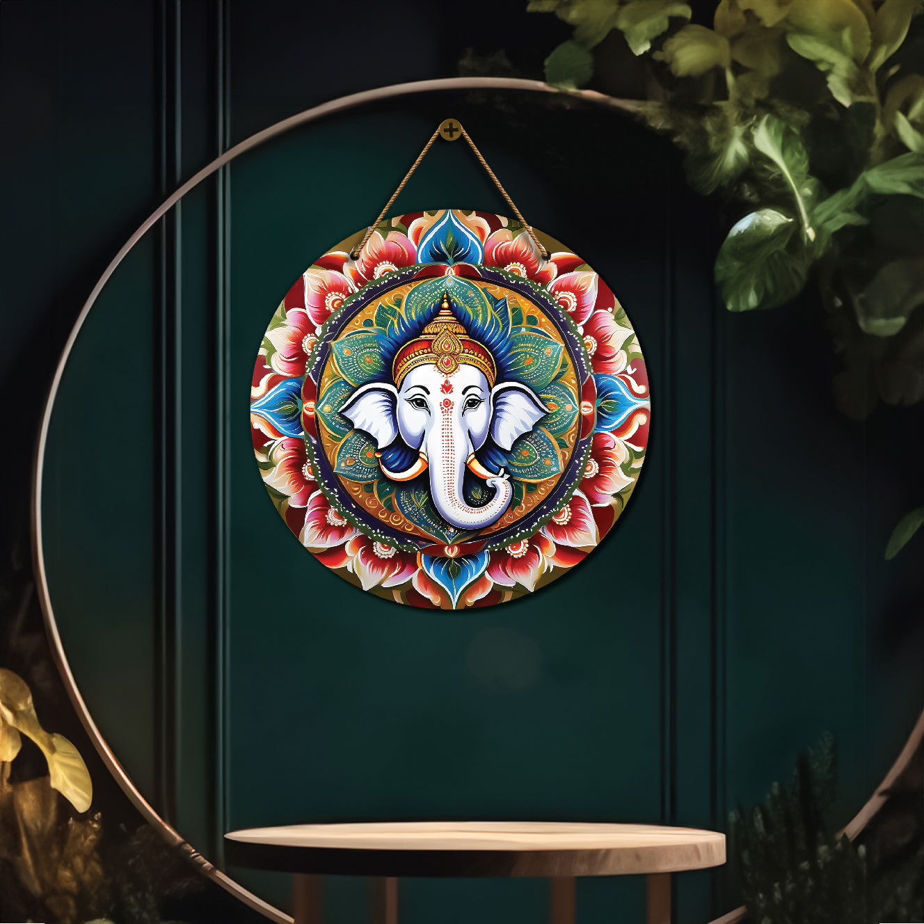 Ganesh Ji in blue and red mandala Round Wooden Wall Hanging for wall Décor - Design - 178