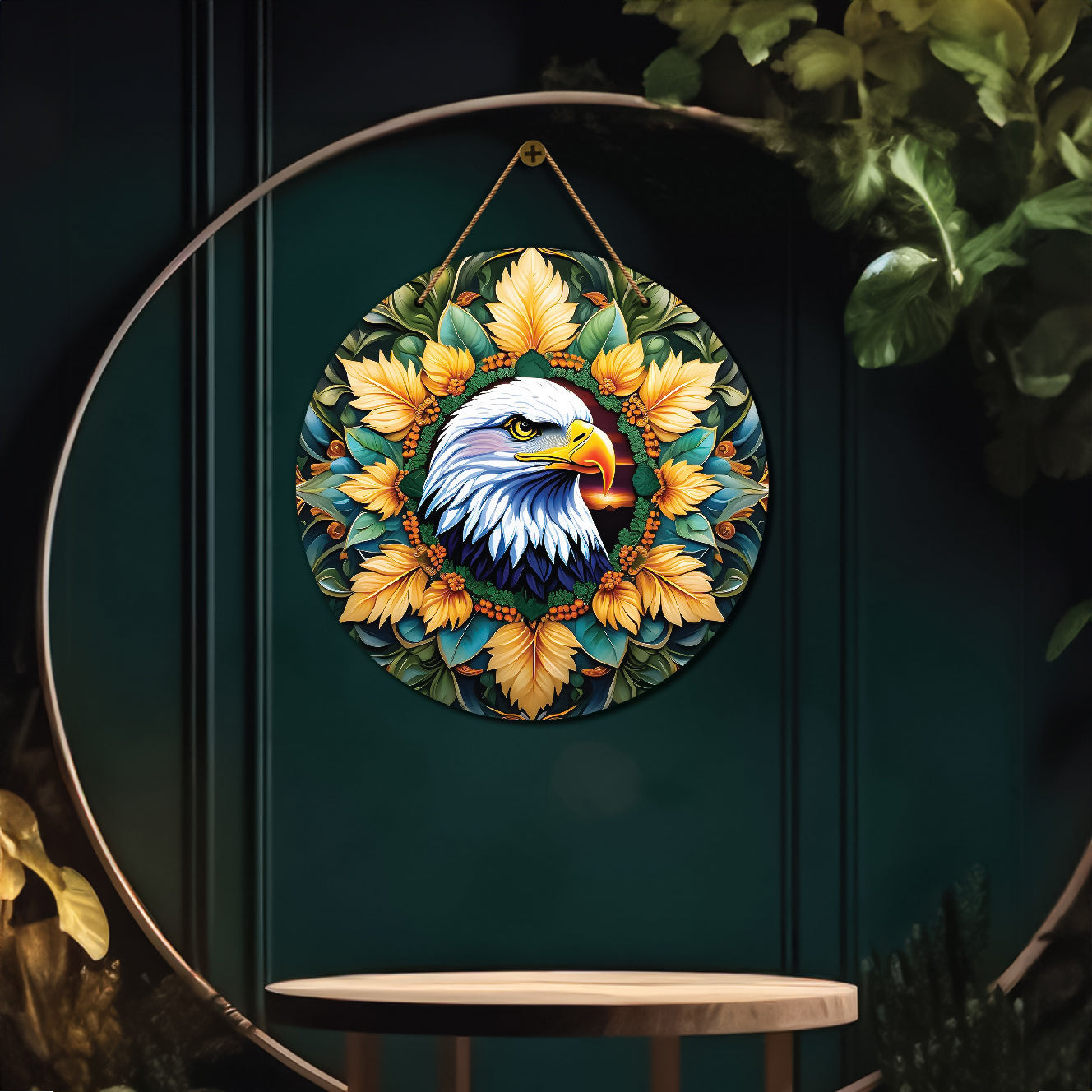 Eagle in green and yellow mandala Round Wooden Wall Hanging for wall Décor - Design - 179