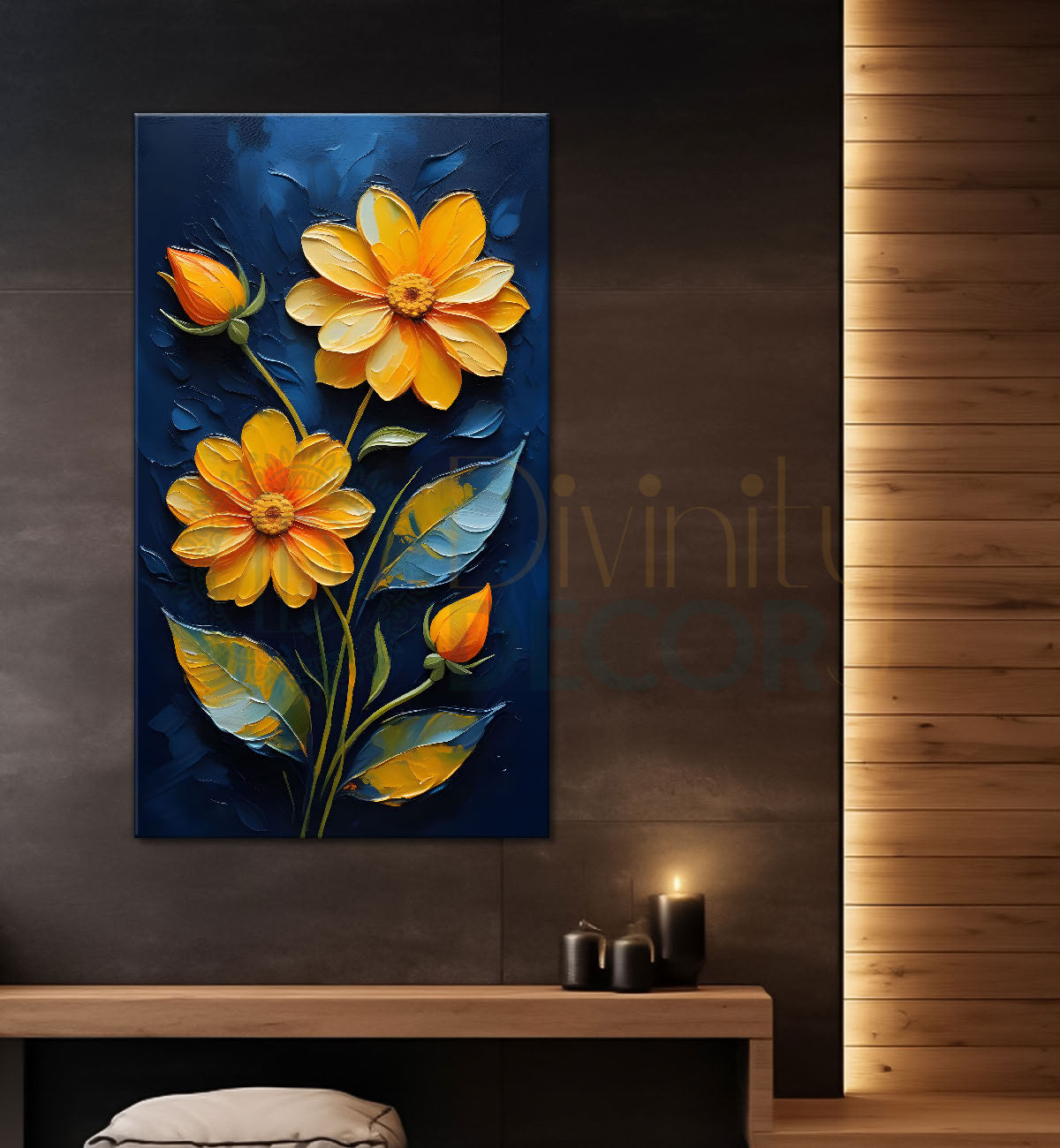 Yellow flowers in dark textured painting- Flower-V-179