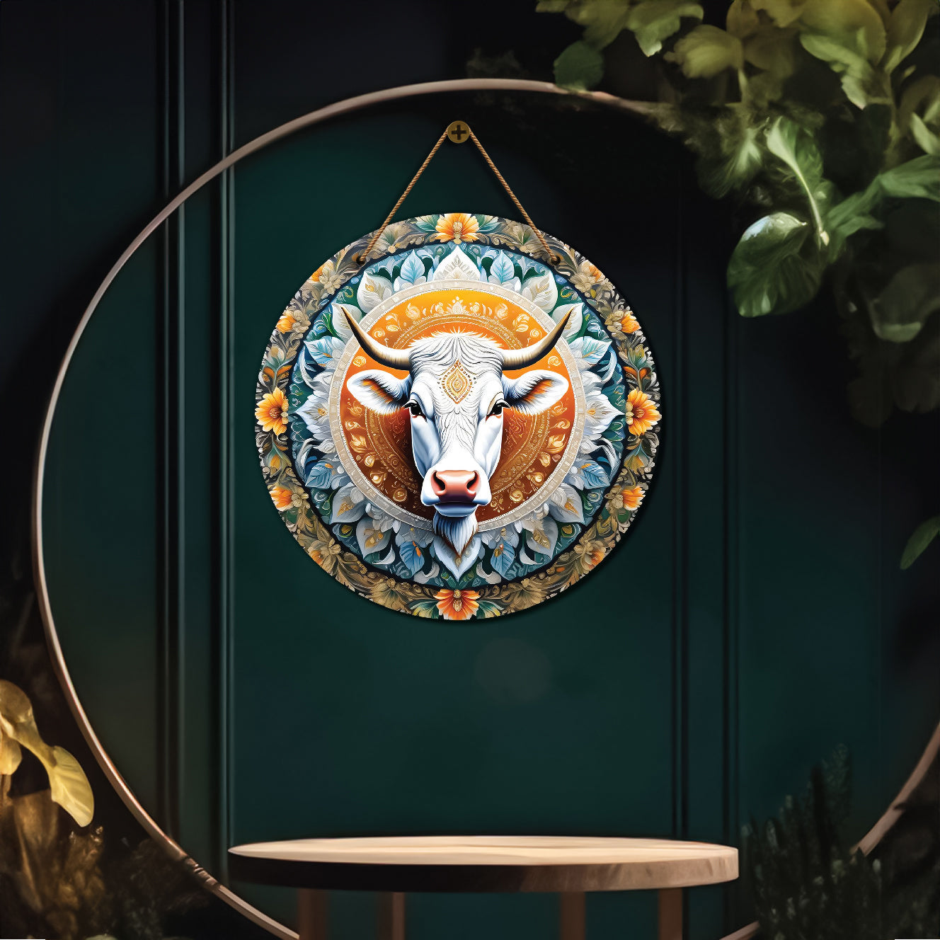 Cow in blue and yellow mandala Round Wooden Wall Hanging for wall Décor - Design - 180