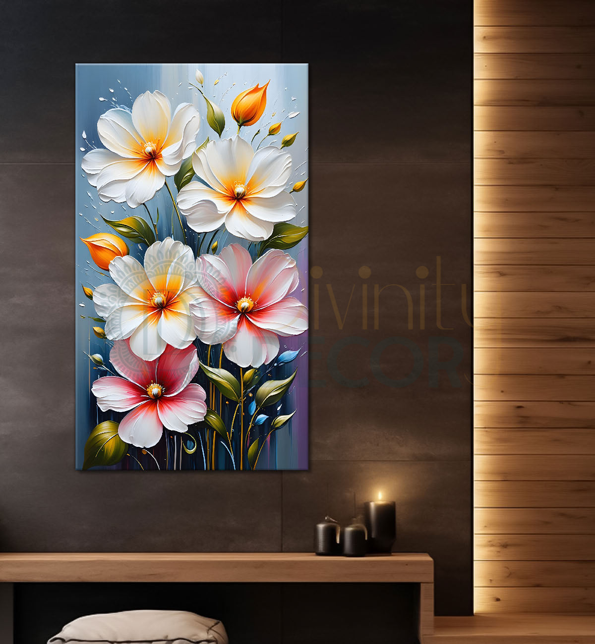 White flowers in blue textured background painting- Flower-V-180