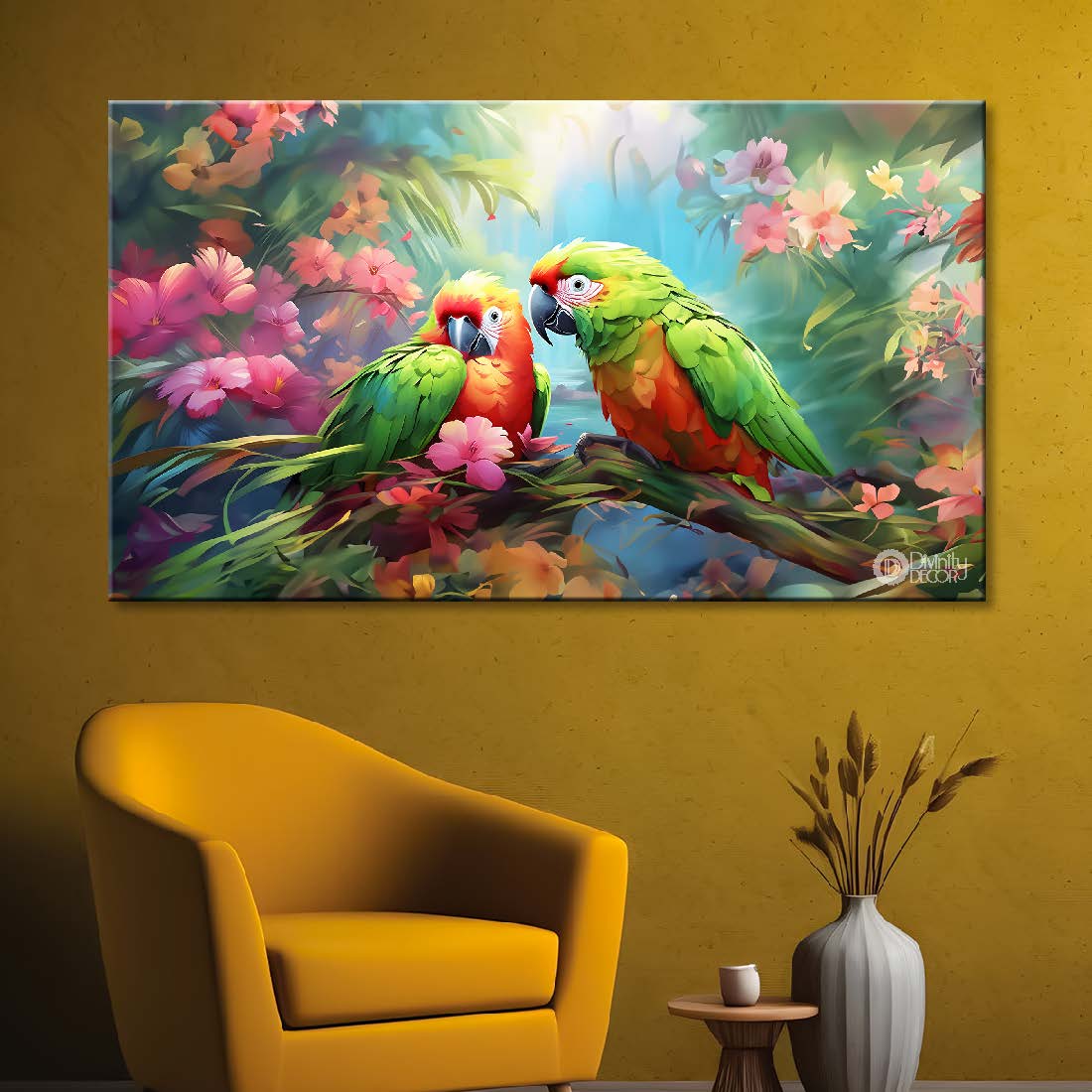 Green parrots on the branch with pink flowers in green background textured art. - Design - Animal - 181