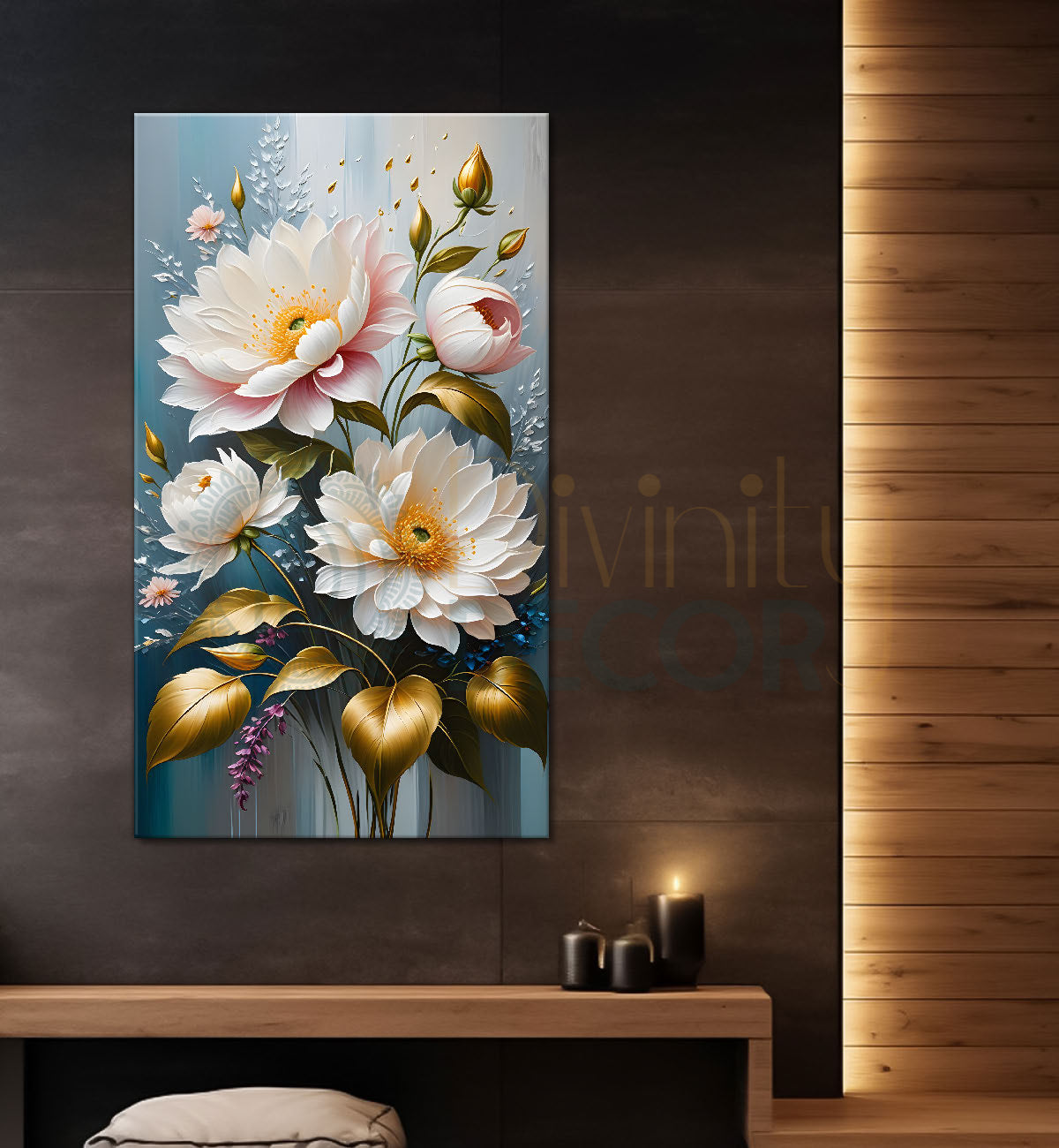 White flowers in grey textured background painting- Flower-V-181