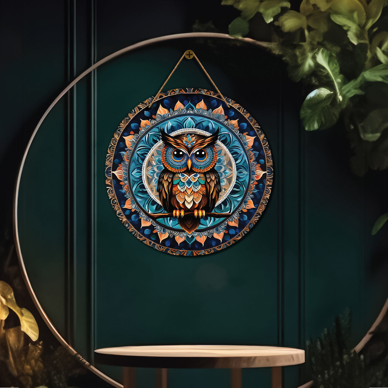 Owl in blue and golden mandala Round Wooden Wall Hanging for wall Décor - Design - 181
