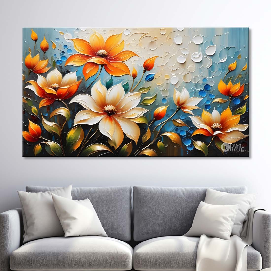 Orange and white flowers with blue background- Design - Flower-182