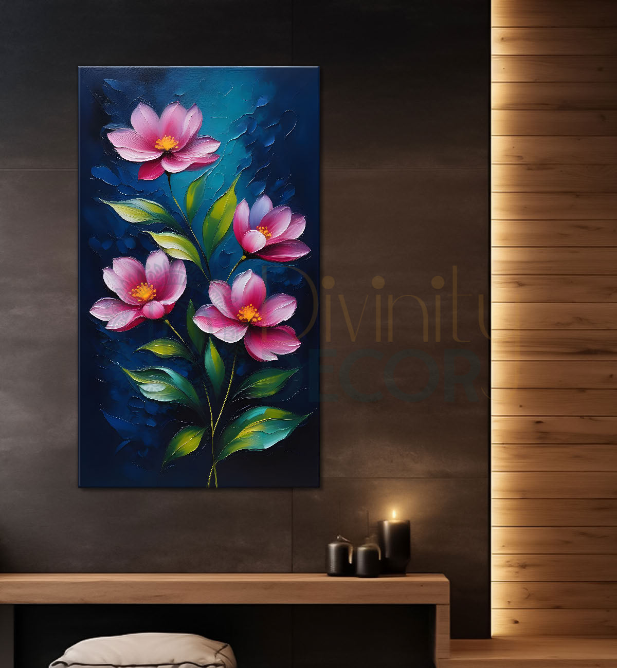 Pink flowers in dark textured painting- Flower-V-182