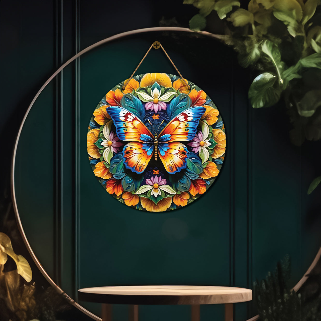 Butterfly in green and yellow mandala Round Wooden Wall Hanging for wall Décor - Design - 182