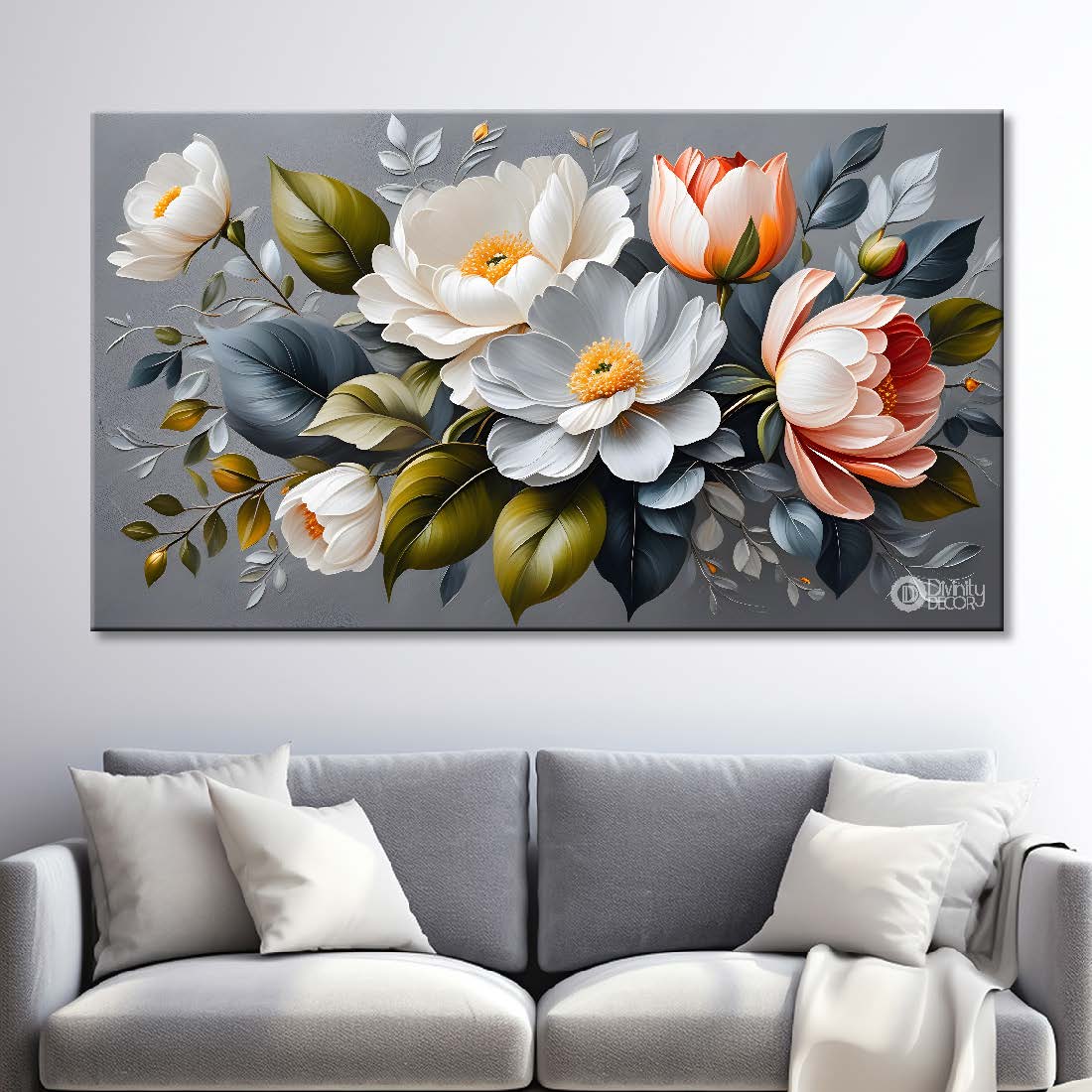 White flowers with grey textured painting- Design - Flower-183