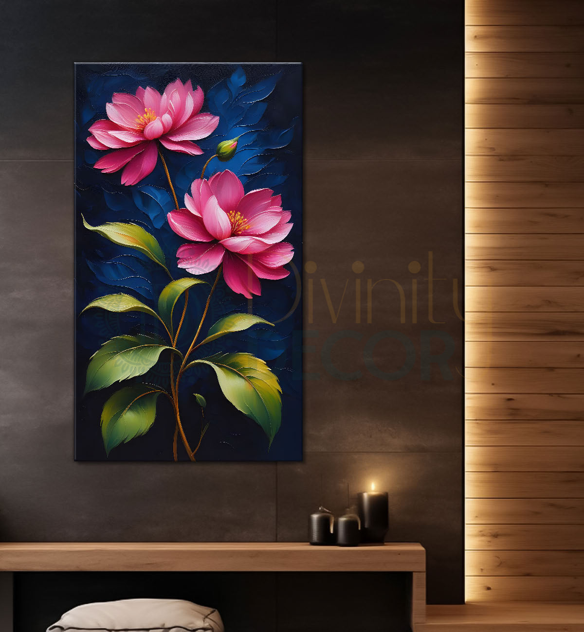 Pink flowers in dark textured painting- Flower-V-183