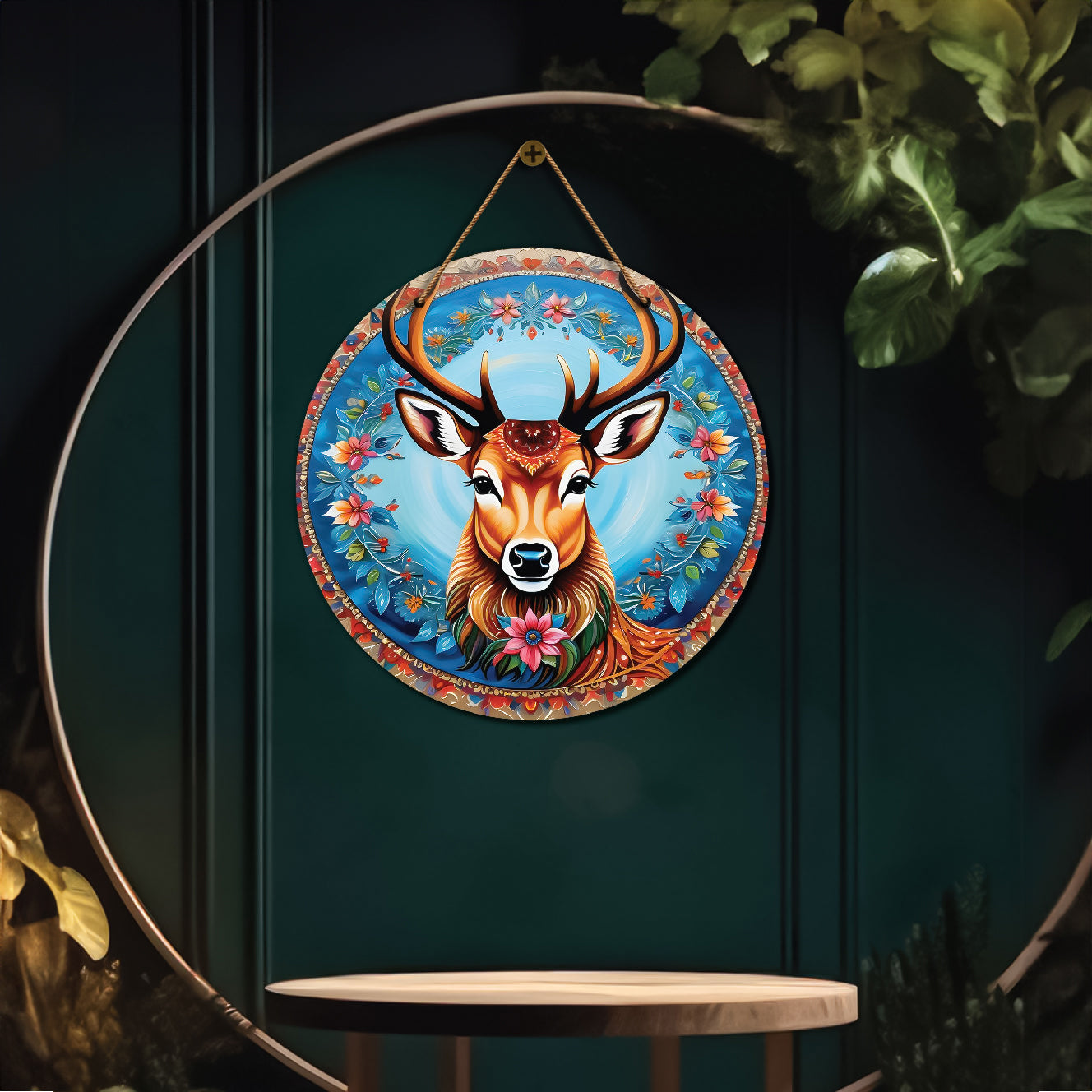Deer in blue and pink mandala Round Wooden Wall Hanging for wall Décor - Design - 184