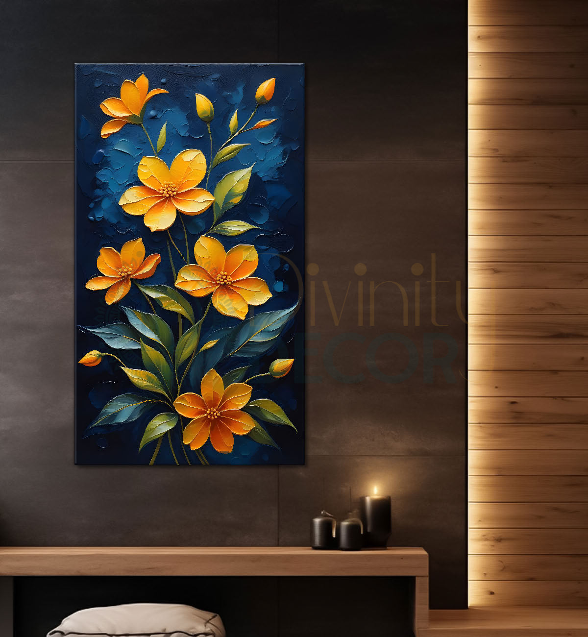 Yellow flowers in navy blue textured background painting- Flower-V-184