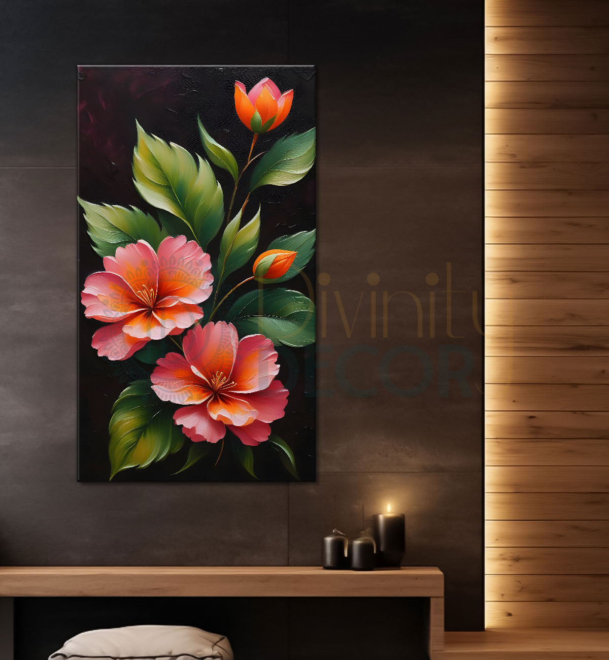 Pink hibiscus flowers in dark textured painting- Flower-V-185