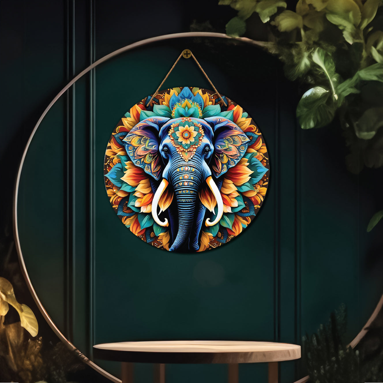 Elephant in green and yellow mandala Round Wooden Wall Hanging for wall Décor - Design - 185