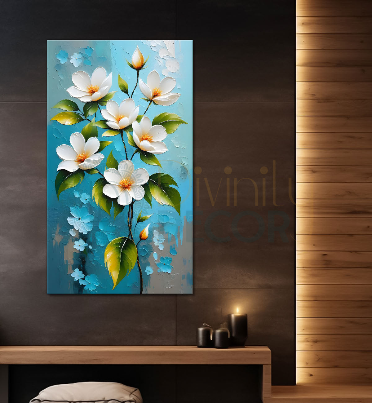 White flowers in sky blue textured background painting- Flower-V-186