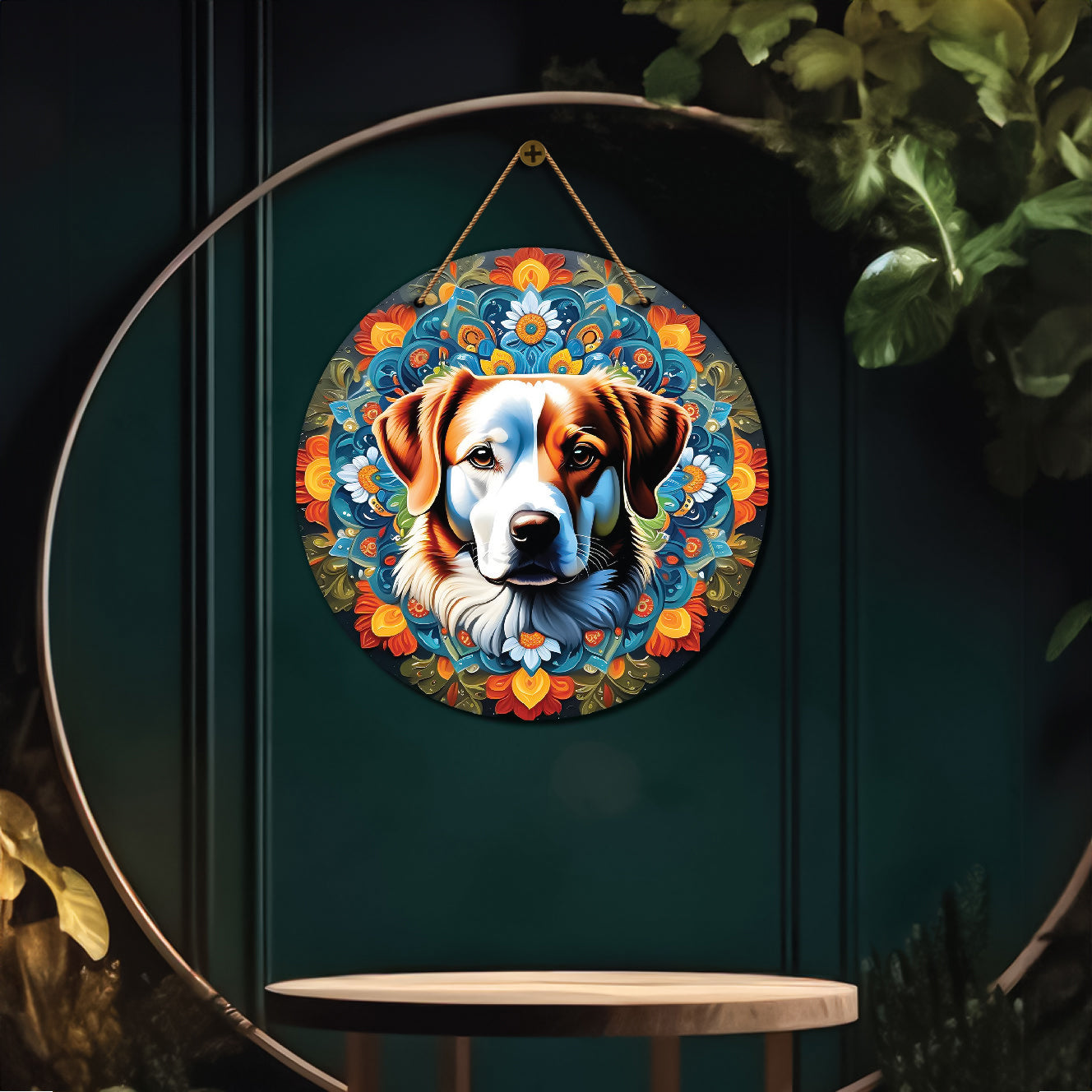 Dog in green and orange mandala Round Wooden Wall Hanging for wall Décor - Design - 186