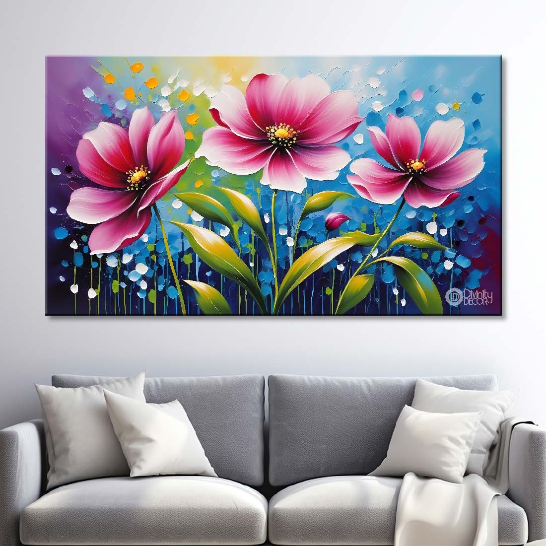 Pink flowers with blue background- Design - Flower-187