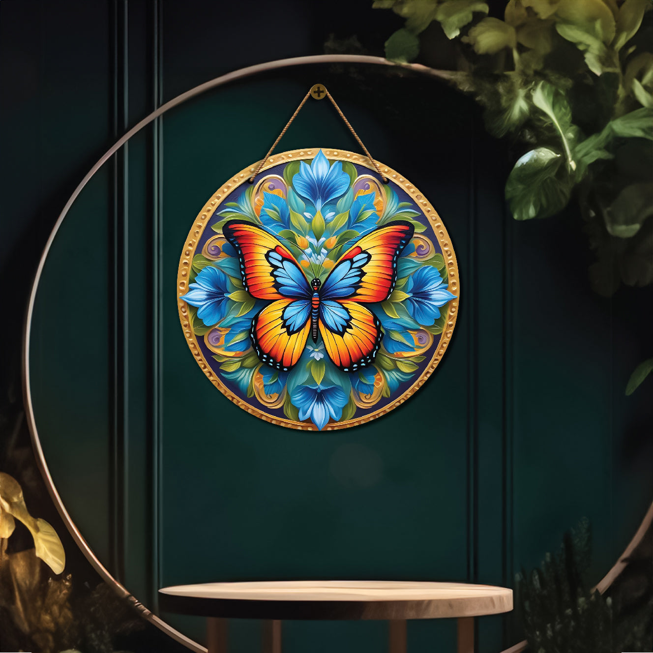 Butterfly in green and blue mandala Round Wooden Wall Hanging for wall Décor - Design - 188