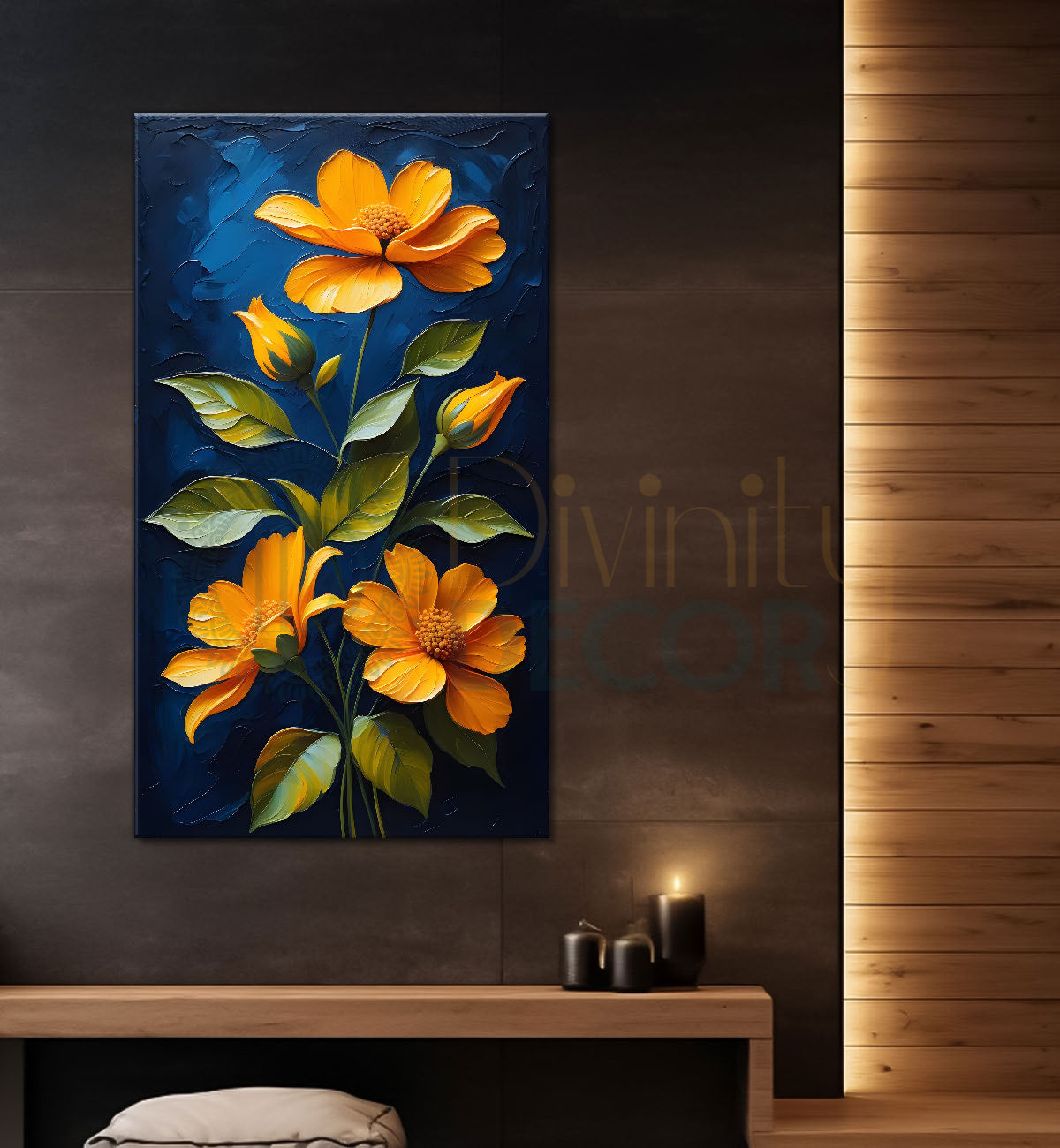 Yellow flowers in navy blue textured background painting- Flower-V-188