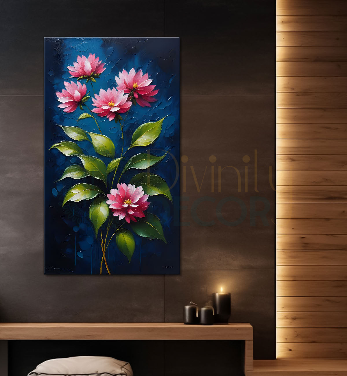 Pink flowers in dark textured painting- Flower-V-189