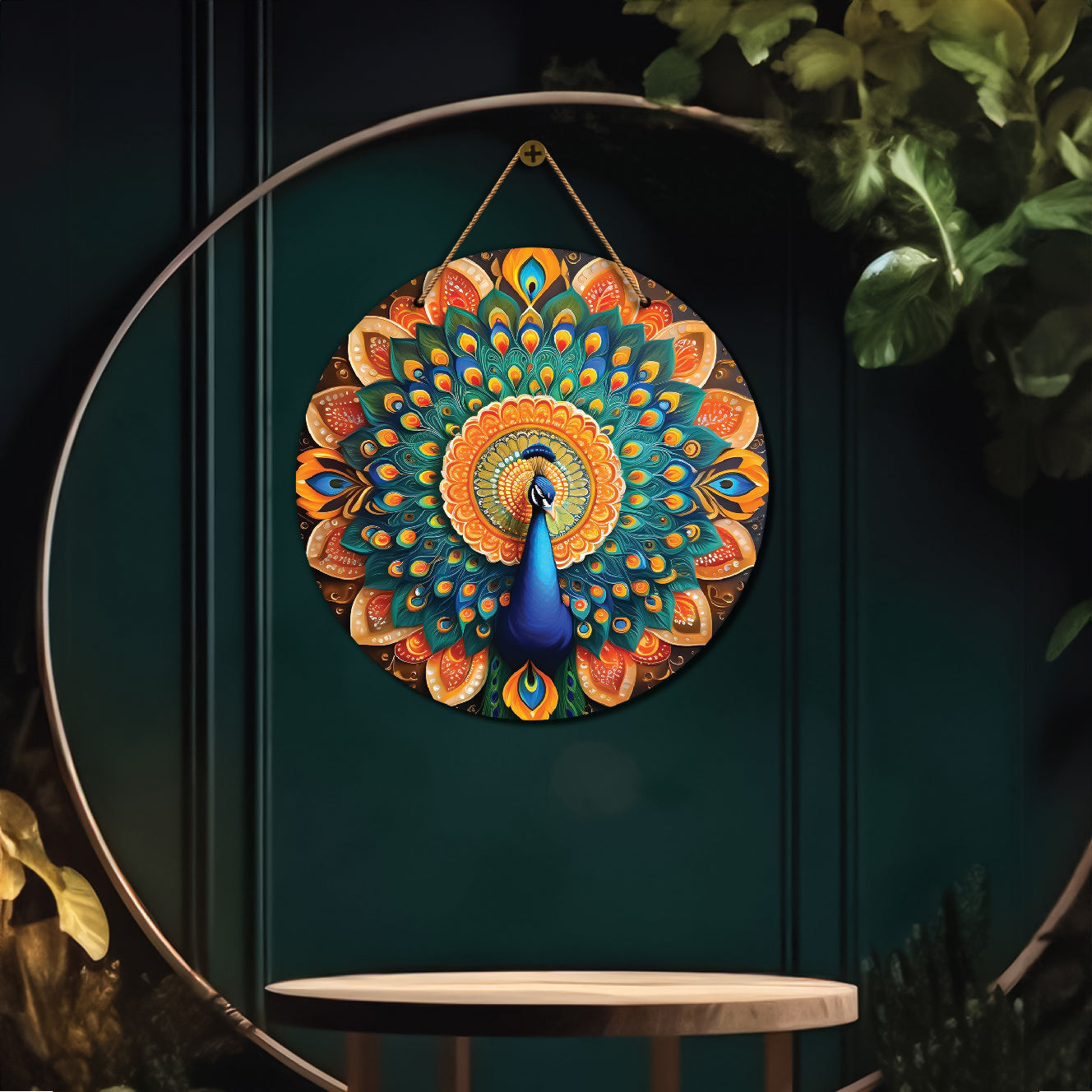 Peacock in green and orange mandala Round Wooden Wall Hanging for wall Décor - Design - 189