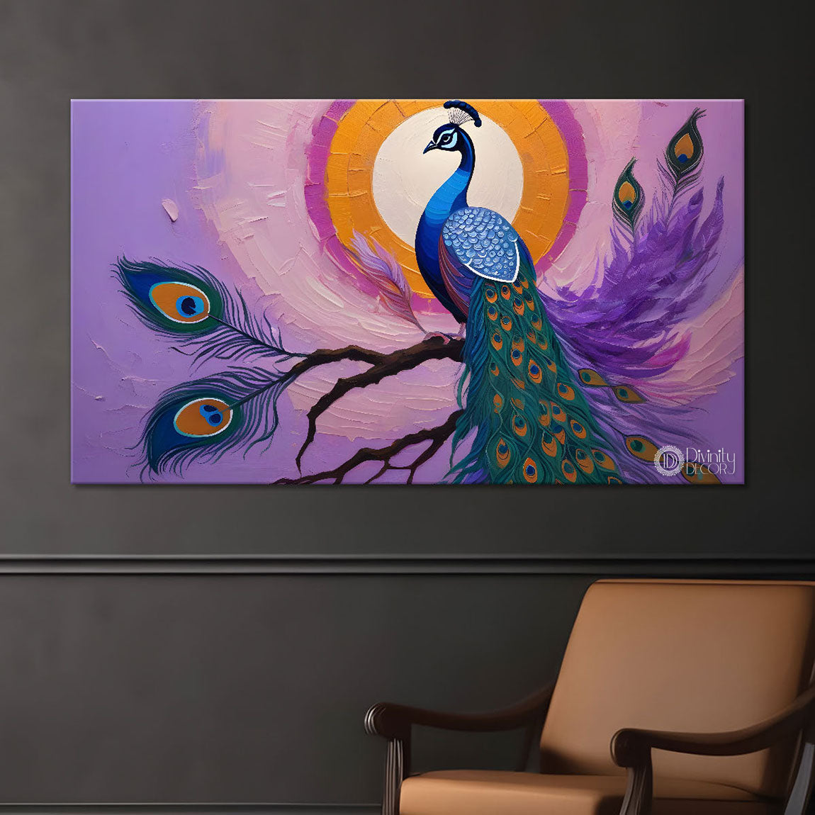 Peacock on branch with purple background modern art Canvas Painting - Design - Peacock-19