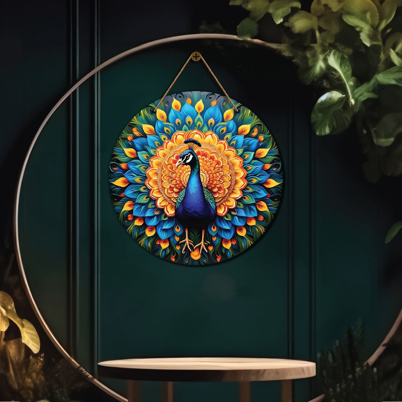 Peacock in green and orange mandala Round Wooden Wall Hanging for wall Décor - Design - 190