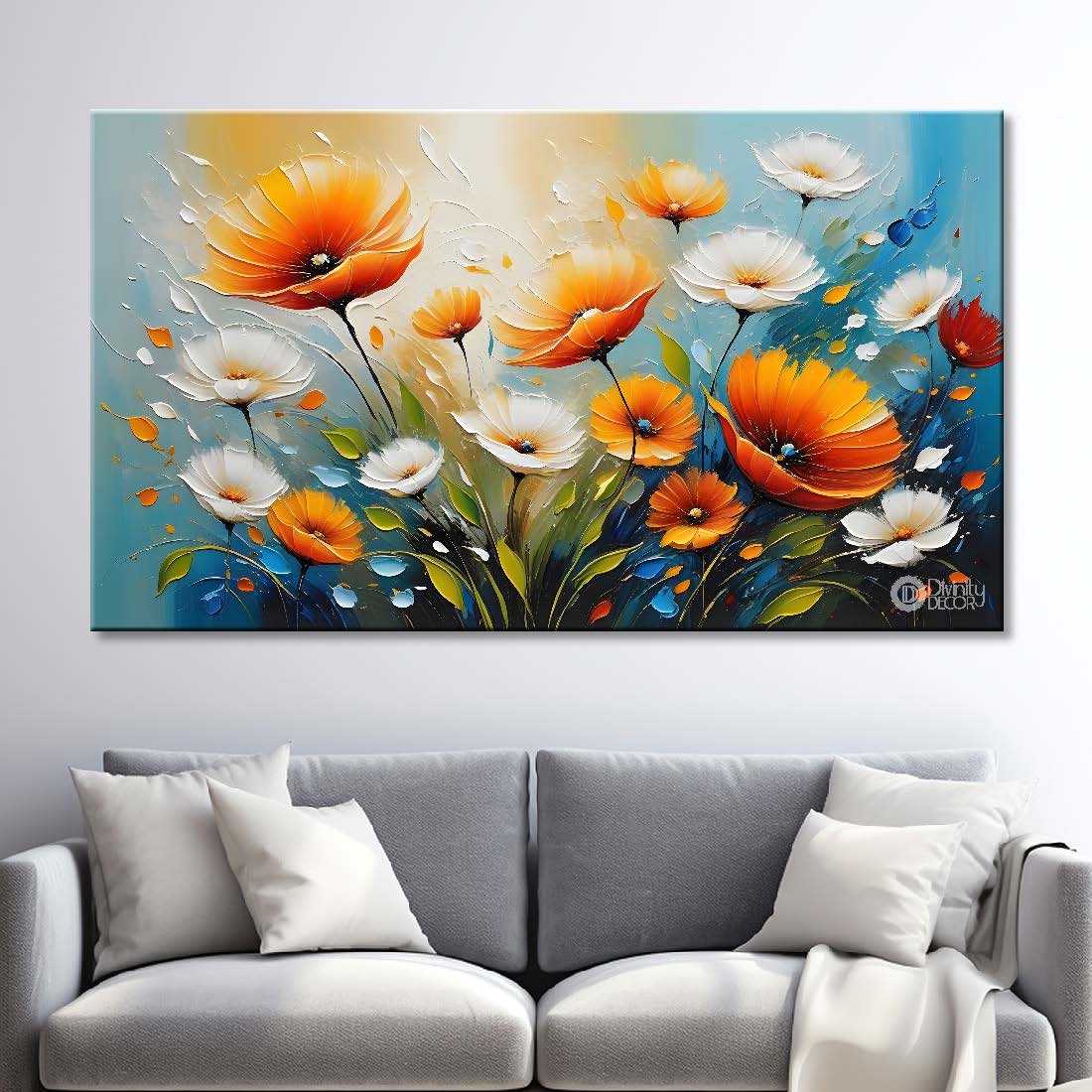 Orange and white flowers with blue background- Design - Flower-191