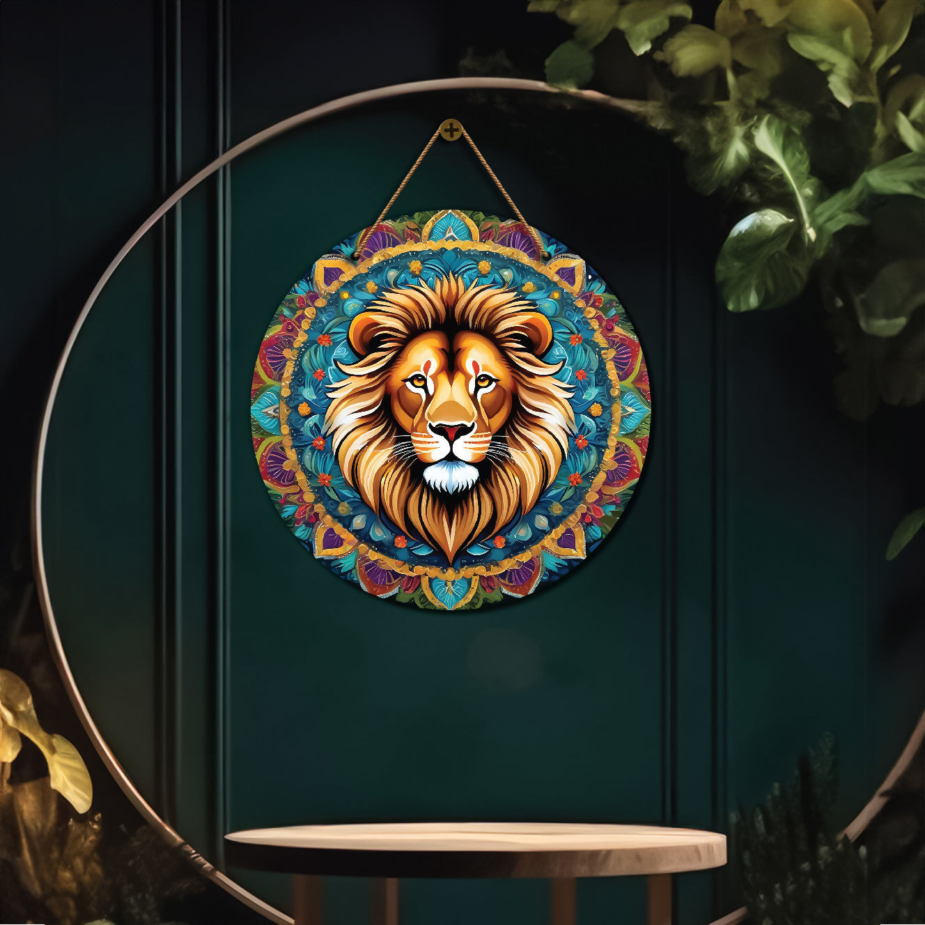 Lion in blue and purple mandala Round Wooden Wall Hanging for wall Décor - Design - 191
