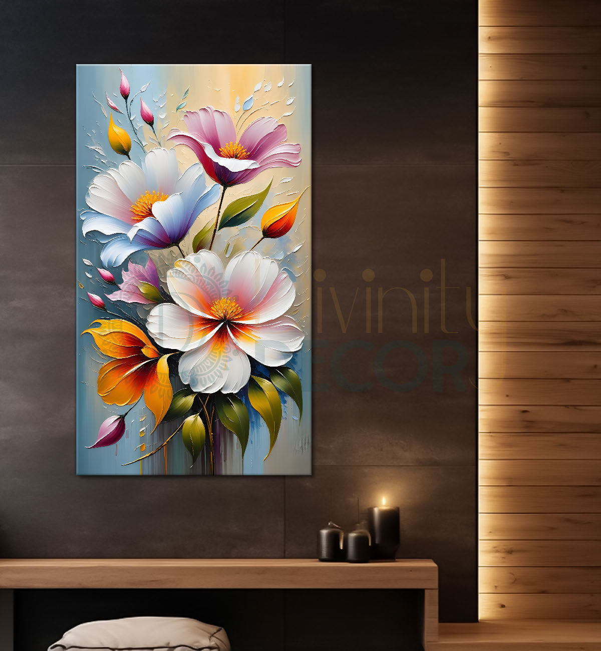 Colourful flowers in grey textured background painting- Flower-V-191