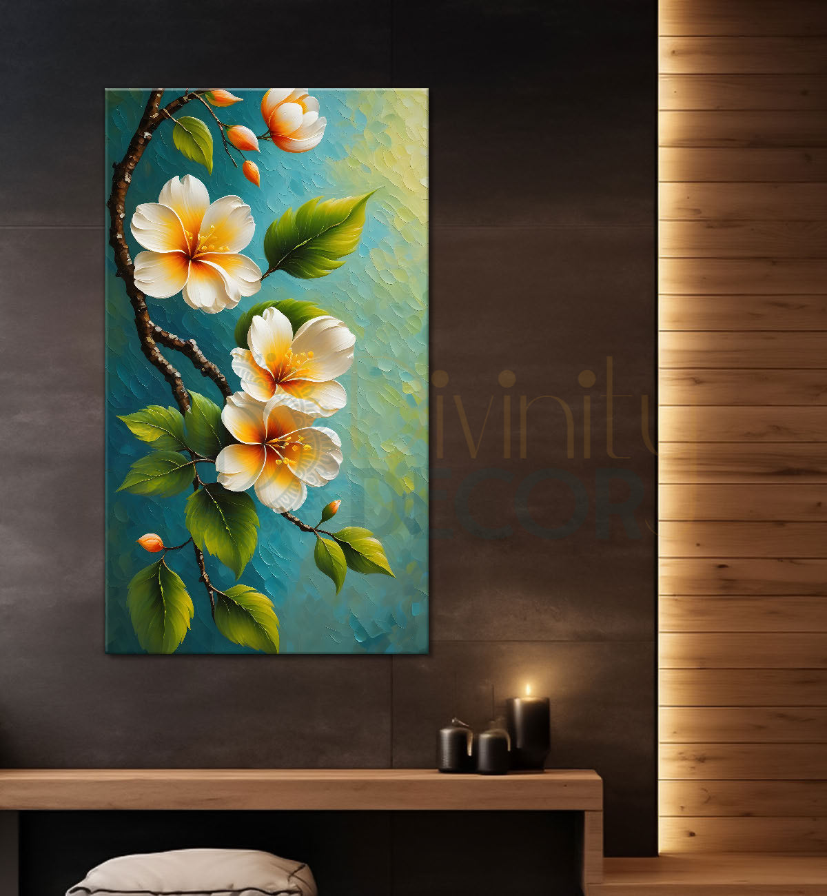 White flowers in green textured background painting- Flower-V-192