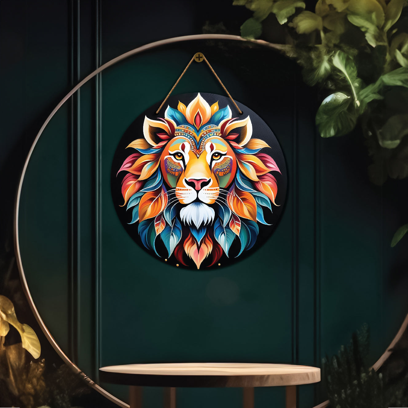 Lion in colourful and black mandala Round Wooden Wall Hanging for wall Décor - Design - 192