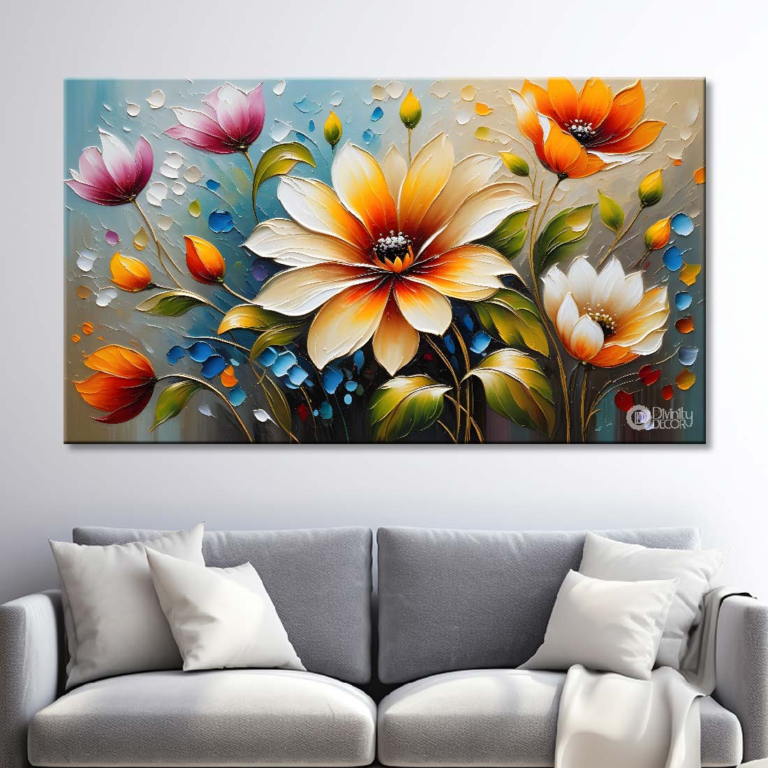 Colorful flowers with blue background- Design - Flower-193