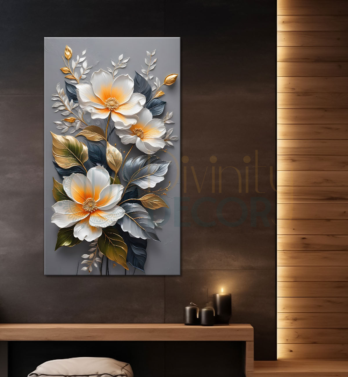 White flowers in grey textured background painting- Flower-V-193