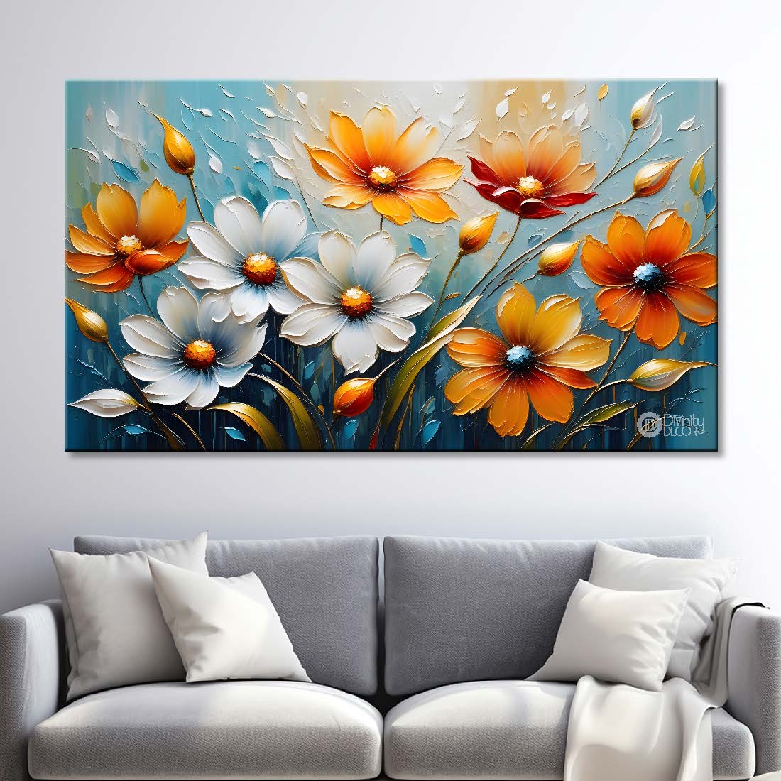 Orange and white flowers with blue background- Design - Flower-194