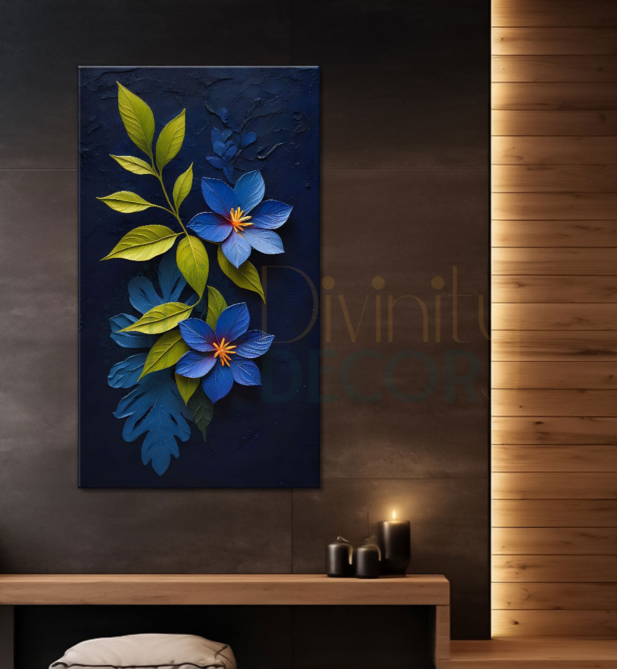 Blue flowers in dark textured painting- Flower-V-194