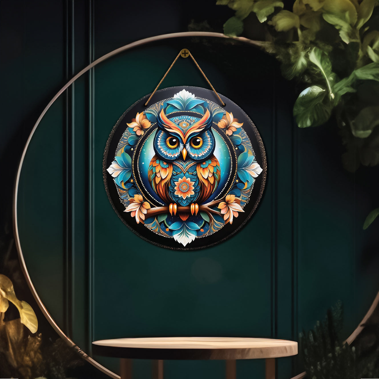 Owl in blue and black mandala Round Wooden Wall Hanging for wall Décor - Design - 194