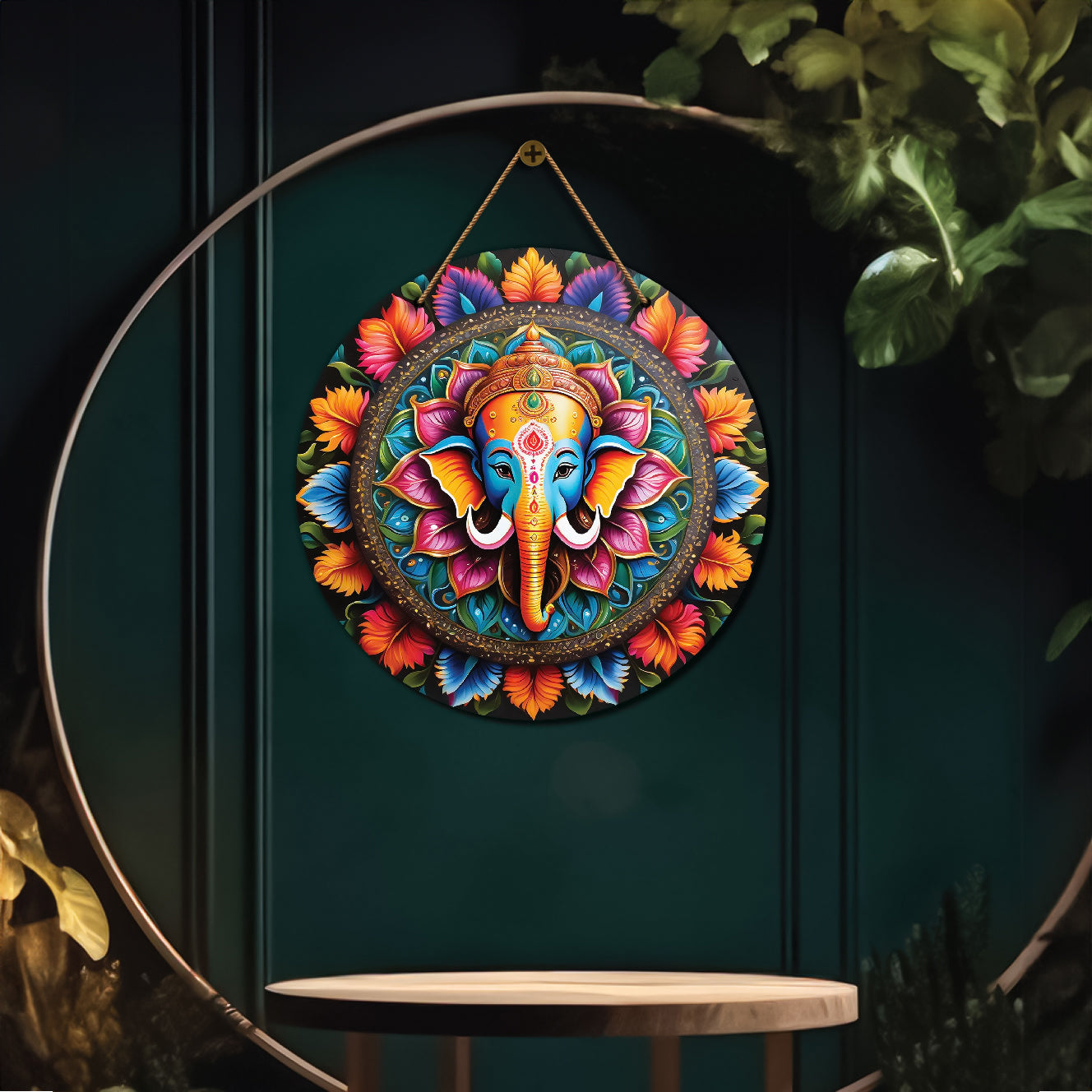 Ganesh Ji in orange and pink mandala Round Wooden Wall Hanging for wall Décor - Design - 196
