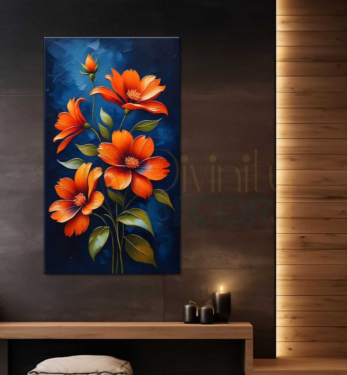 Orange flowers in navy blue textured painting- Flower-V-196