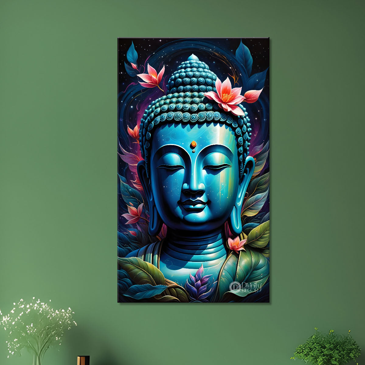 Blue face buddha with lotus and dark texturd oil paintingBuddha-V-196