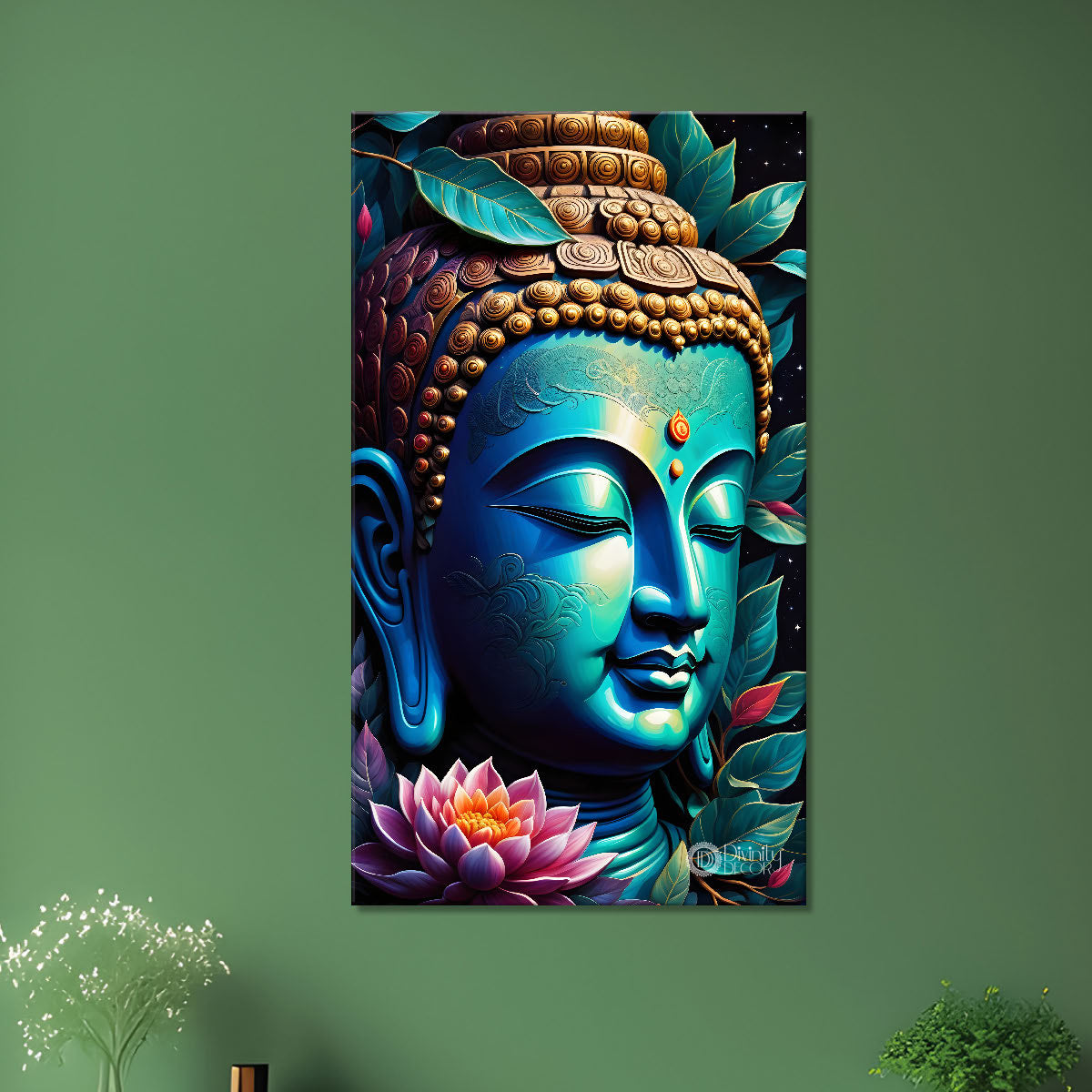Blue face buddha with lotus and dark texturd oil painting Buddha-V-197