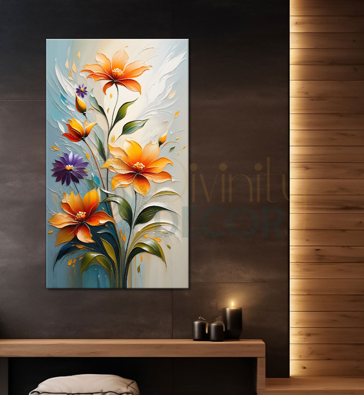 Orange flowers in grey textured background painting- Flower-V-197
