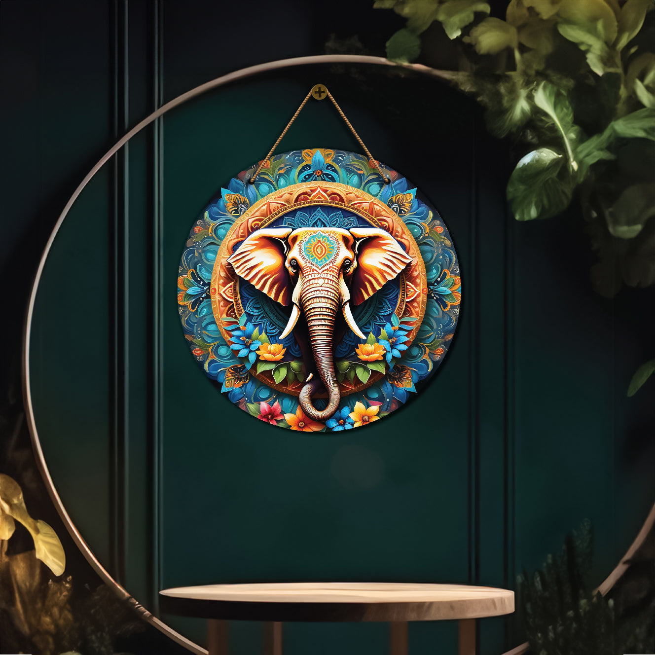 Elephant in blue and brown mandala Round Wooden Wall Hanging for wall Décor - Design - 197