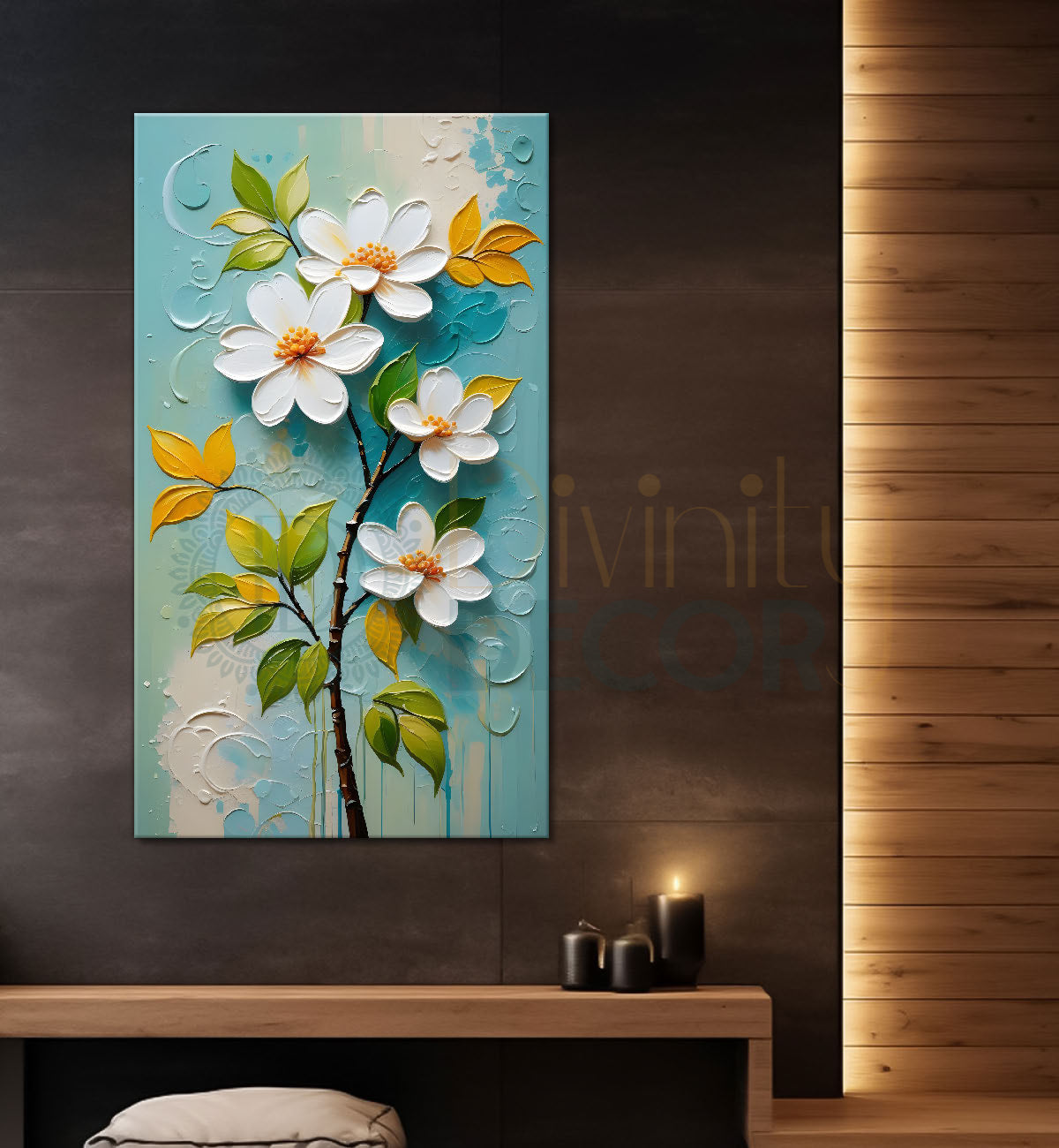 White flowers in blue textured background painting- Flower-V-198