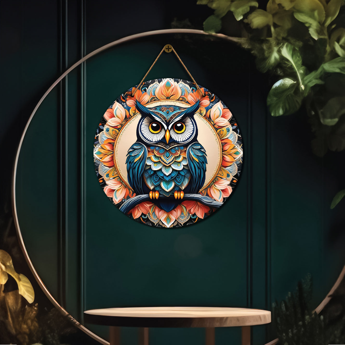 Owl in peach and black mandala Round Wooden Wall Hanging for wall Décor - Design - 198