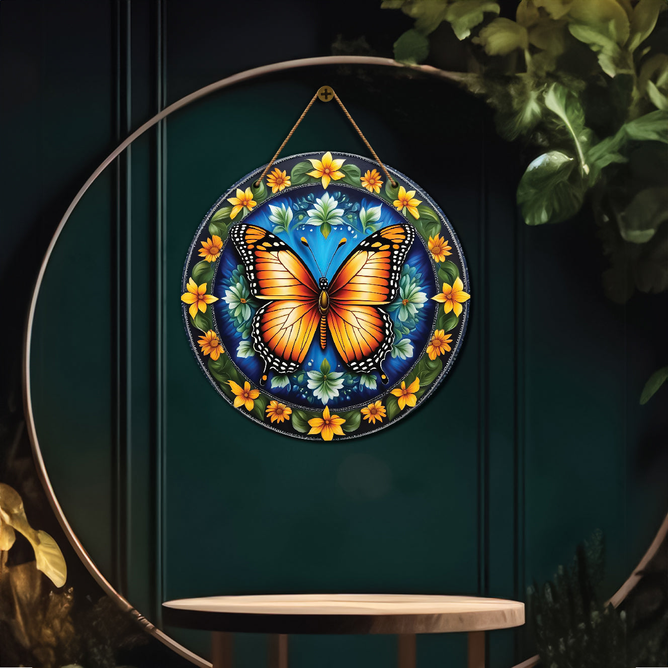 Butterfly in green and floral mandala Round Wooden Wall Hanging for wall Décor - Design - 199