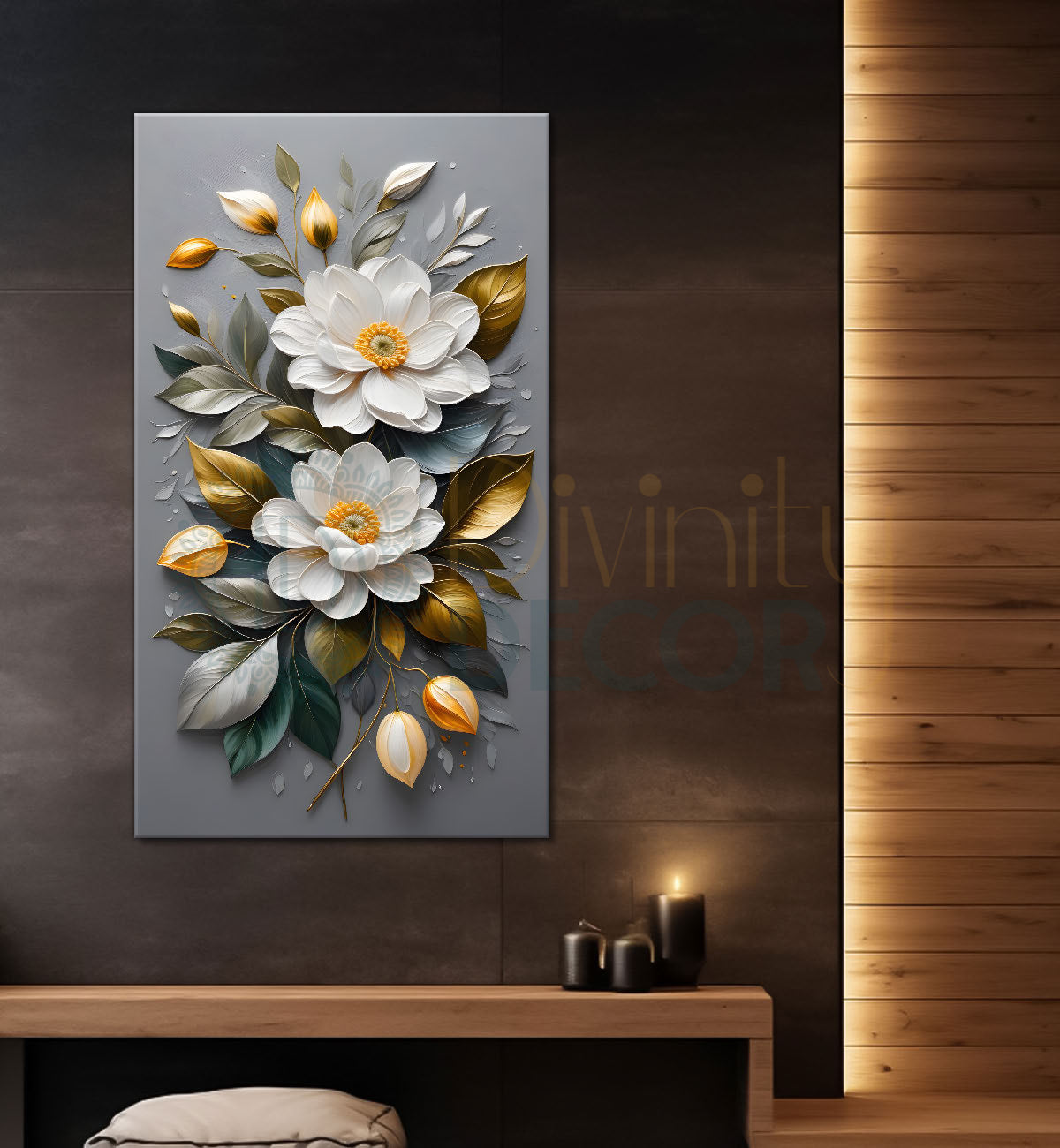 White flowers in grey textured background painting- Flower-V-199